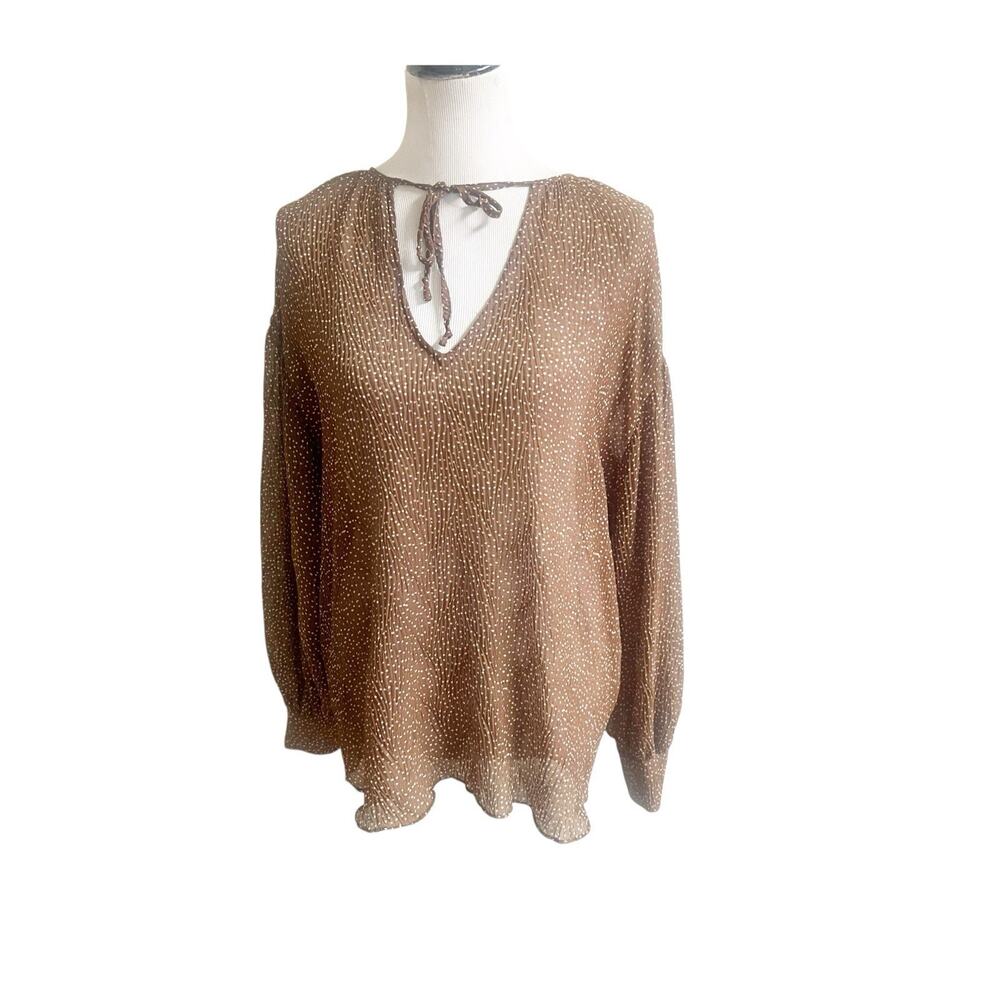 Vince Chiffon Women’s Polka Dot Blouse Size Large Accordion Brown White Sheer